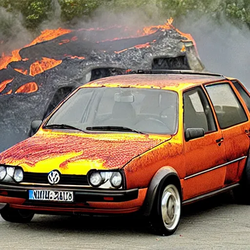 Prompt: a Volkswagen Golf, stuck in molten lava