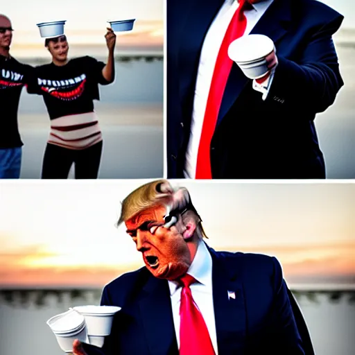 Image similar to donald trump hitting civilians with pudding cups, pudding stained clothes, golden hour, boardwalk, professional photography