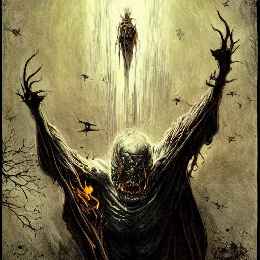 Image similar to the darkest fire, the brightest darkness, good and evil, epic, masterpiece, 8 k, 8 5 mm f / 1. 8 horror, flames, dark sci - fi, by bernie wrightson, by santiago caruso, by sabbas apterus