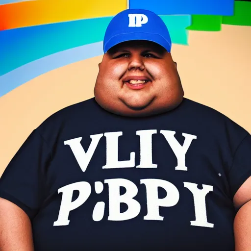 Image similar to very obese man with a t-shirt and blue cap with the letter P, holding a pencil