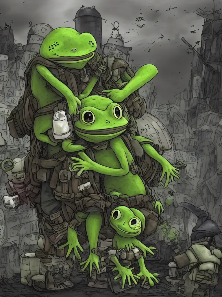 Prompt: resolution 4k worlds of loss and depression made in abyss design Akihito Tsukushi design body pepe the frogs fighting in the civil war group of them attacking a monster war , battlefield darkness military drummer boy pepe , desolated city ivory dream like storybooks, fractals , pepe the frogs at war, art in the style of and Oleg Vdovenko and Gustave dore and Akihito Tsukushi
