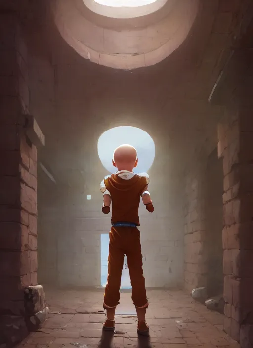 Image similar to highly detailed krillin standing outside prison art by greg rutkowski, loish, rhads, ferdinand knab, makoto shinkai and lois van baarle, ilya kuvshinov, rossdraws, tom bagshaw, global illumination, radiant light, detailed and intricate environment