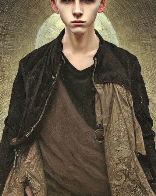 Image similar to portrait of 1 5 - year - old boy, a tall, slender boy with a pale, pointed face, sleek blond hair, and ice grey eyes, wearing black clothes, hyper realistic face, beautiful eyes, close up, fantasy art, in the style of greg rutkowski, intricate, alphonse mucha, hyper detailed, smooth