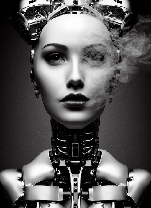Prompt: a beautiful young female robot profile face made of smoke, glamor shot, tri - x 4 0 0 tx, closeup, blur effect, high contrast, 1 6 k, rim lights, rembrandt lighting, reflective, insanely detailed and intricate, hypermaximalist, elegant, ornate, hyper realistic, surreal dreamy poetic