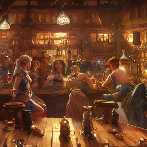 Image similar to a panorama of fantasy characters in a tavern, intricate, highly detailed, digital painting, artstation, smooth, sharp focus, illustration, 8 k, art by artgerm, greg rutkowski