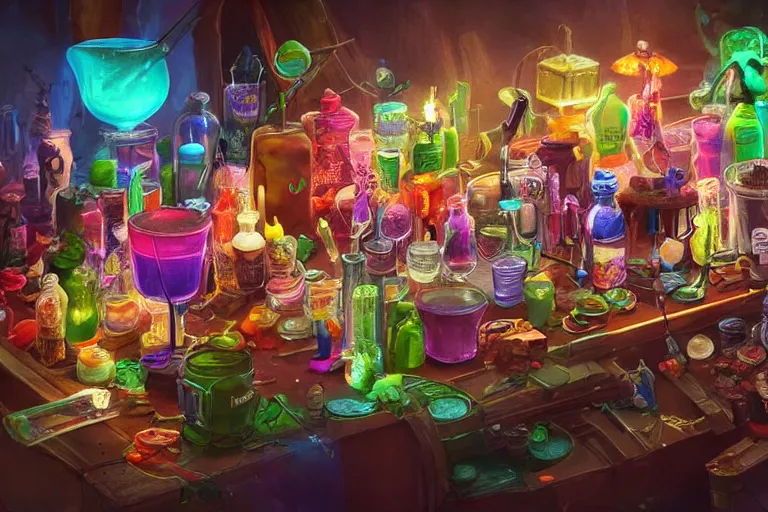 Image similar to a small rack filled with colorful glowing concoctions, magical potions, fantasy artwork, featured on artstation