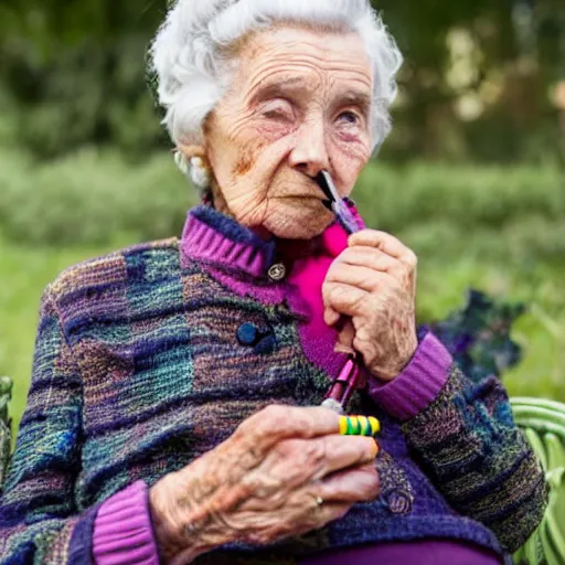 Prompt: an elderly woman dressed colorfully, smoking a pipe