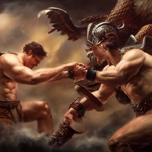 Prompt: greek gods fighting by raymond swanland, highly detailed