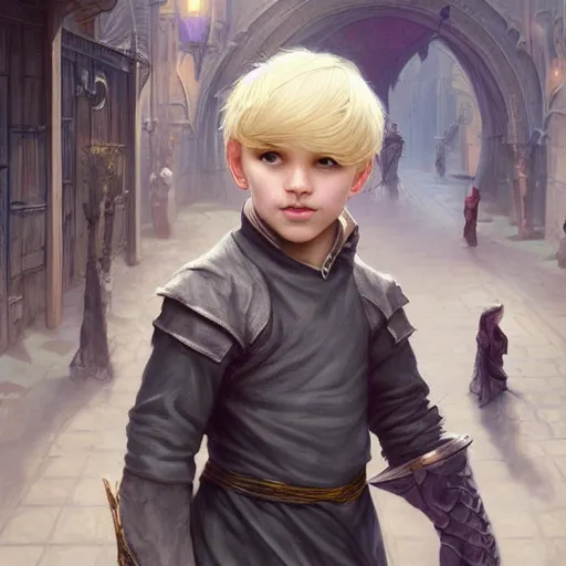 Prompt: portrait of a young boy wearing plain looking fantasy thief clothing in the slums of a fantasy city, blonde hair, d & d, fantasy, joyful smirk, intricate, elegant, highly detailed, digital painting, artstation, concept art, matte, sharp focus, illustration, art by artgerm and greg rutkowski and alphonse mucha