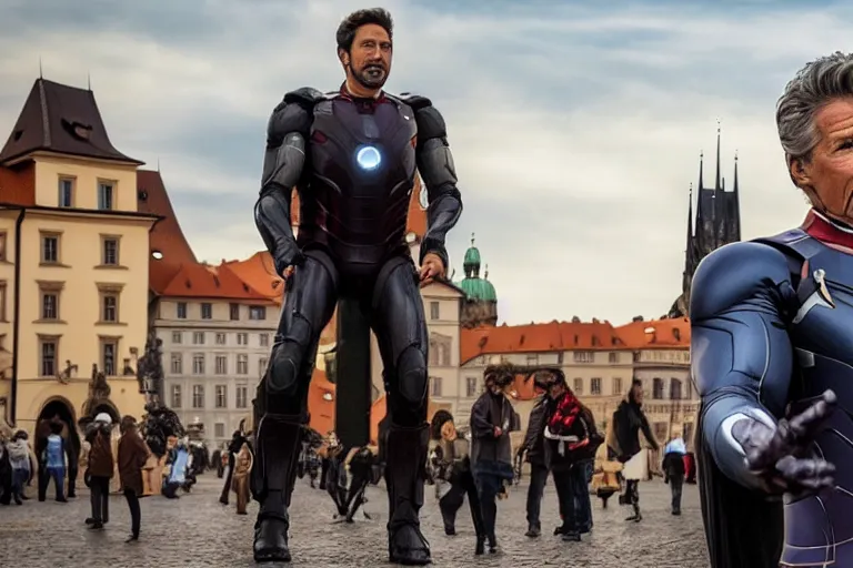 Image similar to richard gere plays iron man flies over charles bridge in prague, epic scene from marvel movie, movie still