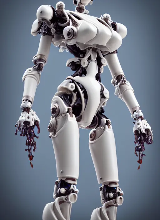 Image similar to beautiful porcelain ivory cyborg warrior carrying perfume bottle, well contoured smooth fair skin carrying perfume bottle, up close shot, sharp focus, global illumination, radiant light, biomechanical black corals daisies, alexandre ferra white mecha, irakli nadar, octane highly render, 4 k, ultra hd,