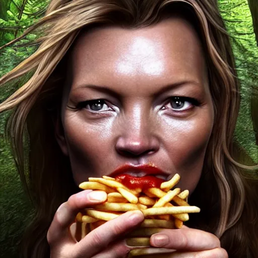 Image similar to A beautiful hyper realistic ultra detailed lifelike matte painting of Kate Moss eating big macs in the forest, serving fries, covered in ketchup, unreal engine, deviantart, flickr, artstation, octane render, textured, colorful, extreme realistic detail, physically based rendering, pbr render, very detailed, volumetric lighting, detailed lighting, octane render, 4k, cinematic lighting, 8k resolution