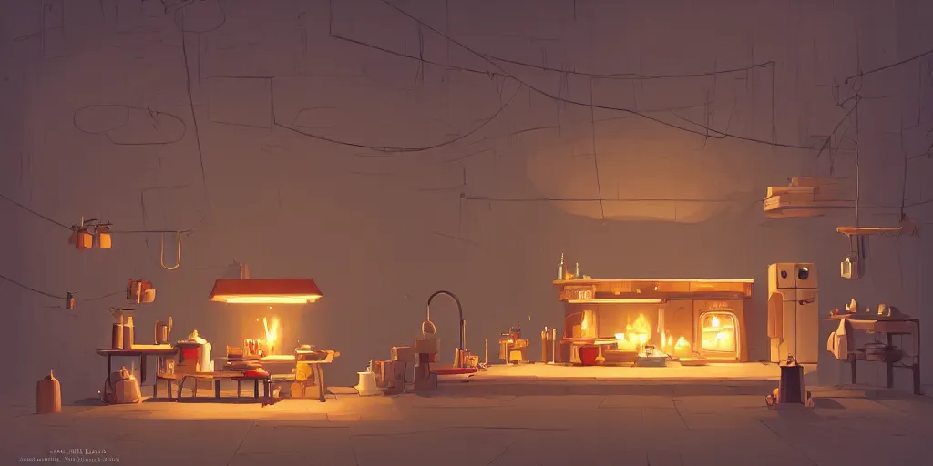 Prompt: epic illustration of a wooden kitchen dim lit by 1 candle doubly so by Goro Fujita and Simon Stalenhag and Peter chan , 8k, trending on artstation, hyper detailed, cinematic