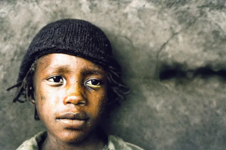 Prompt: a cinematic!! headshot photograph!! of a beautiful homeless war child veteran with closed eyes, stood in a tunnel, sunny day, film still, cinematic, coloured dramatic lighting, by bill henson