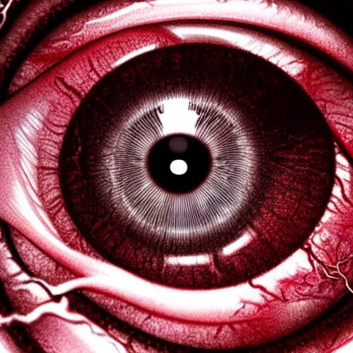 Image similar to a detailed extremely close up of inside the iris, cornea, red image, microscopic, extremely close up drawing by junji ito, cgsociety, generative art, lovecraftian, parallax, cosmic horror, extremely detailed, hyperrealism, unreal engine, octane render, award winning, masterpiece, highly detailed, realistic, 4 k, digital