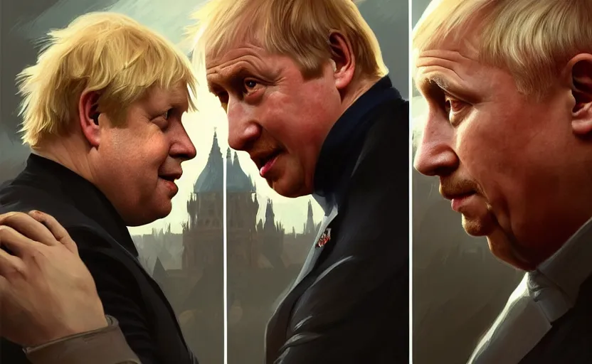 Image similar to Boris Johnson vs Vladimir Putin, face to face staring, civil war style, highly detailed, digital painting, artstation, concept art, smooth, sharp focus, illustration, cinematic lighting, art by artgerm and greg rutkowski and alphonse mucha