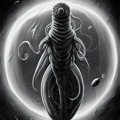 Image similar to !dream retro style space monster traveling through space long tentacles big black with white tentacles Planets in the background digital painting, artstation, concept art, soft light, hdri, smooth, sharp focus, illustration, fantasy, intricate, elegant, highly detailed, D&D, matte painting, in the style of Greg Rutkowski and Alphonse Mucha and artemisia, 8k, highly detailed, jurgens, rutkowski, bouguereau, pastoral, rustic, georgic