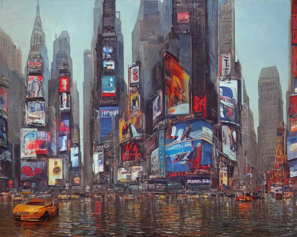 Image similar to an achingly beautiful oil painting of a partially submerged times square by Raphael and Hopper.