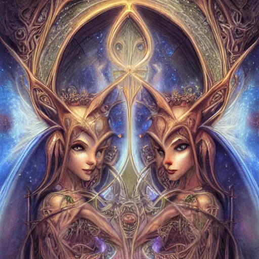 Image similar to detailed and sharp gemini artwork, mystic style, detailed, 8 k, detailed, symmetrical, by brian froud