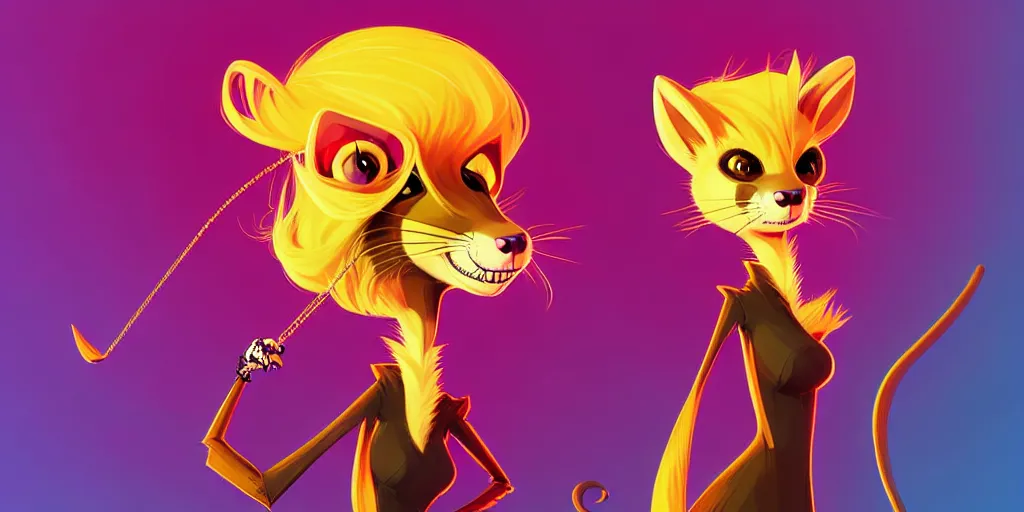 Image similar to curved perspective, extreme narrow, extreme fisheye, digital art of a female marten animal cartoon character wearing jewlery with blonde hairstyle by anton fadeev from nightmare before christmas