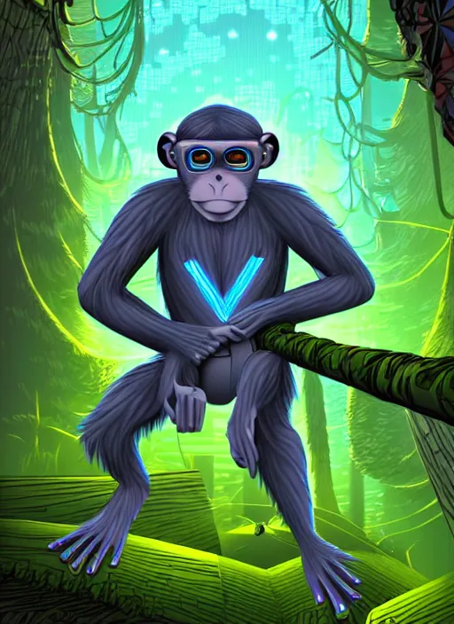 Image similar to cyber monkey in the scifi forest, in style james jea, illustration, fine colors