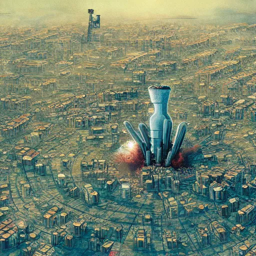 Image similar to aerial view of a nuclear explosion in the middle of a post apocalyptic city surrounded by vegetation, katsuhiro otomo, hyper detailed, 4 k