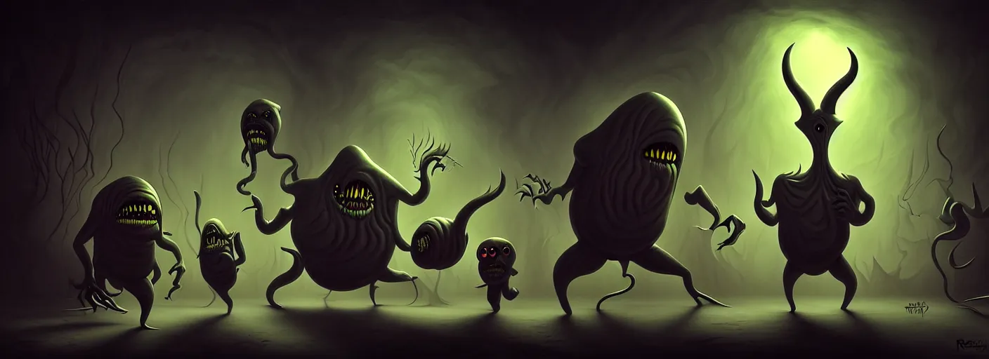 Prompt: uncanny monsters from the depths of the collective unconscious, dramatic lighting, surreal dark fleischer cartoon characters, surreal dark muted painting by ronny khalil