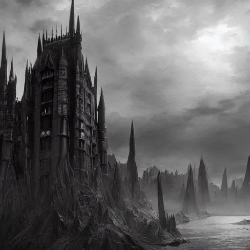 Image similar to an ultra detailed black and white 3 d render of a lonely and impossibly tall ominous gothic dark citadel tower of the evil patriarch, in the style of magic the gathering, in a river elevated high above the city, flintlock fantasy capital city, ultrawide lense, aerial photography, unreal engine, exquisite detail, 8 k, art by greg rutkowski and alphonse mucha