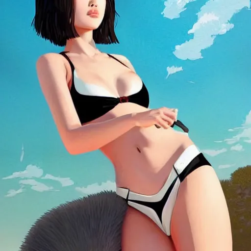 Image similar to a beautiful young japanese natalie portman alluring gravure model, stylized concept art, wearing elegant designer bomber jacket and one piece bikini, bomber jacket with mesoamerican patterns, mesoamerican native street fashion, princess mononoke, painted by ilya kuvshinov aesthetic, gorgeous, stunning, alluring, attractive, artstation, pinterest, digital art