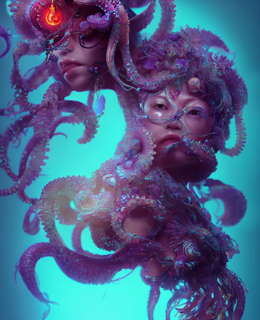 Image similar to goddess close - up portrait, ram skull, squid phoenix jellyfish, orchid, betta fish, bioluminiscent, intricate artwork by tooth wu and wlop and beeple. octane render, trending on artstation, greg rutkowski very coherent symmetrical artwork. cinematic, hyper realism, high detail, octane render, 8 k