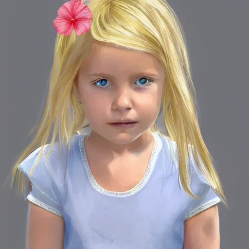 Prompt: 3 year old swedish girl, blonde, hibiscus in hair, artstation