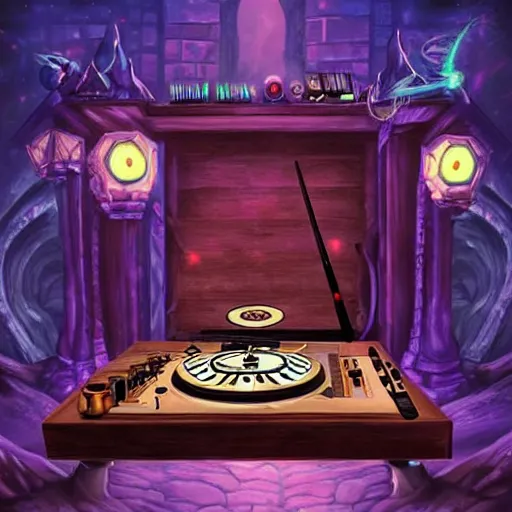 Image similar to fantasy painting of a dj set with turntable in a fantasy dungeon in the style of dnd,