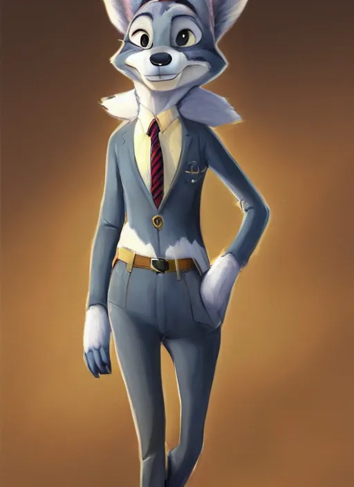 Image similar to oil painting detailed full body of anthromorphic female wolf, in style of zootopia, zootopia, zootopia, fursona, furry, furaffinity, 4 k, deviantart, furry art, fursona art, wearing business suit, in style of zootopia, wolf fursona, cyberpunk, female, expressive, detailed feminine face,