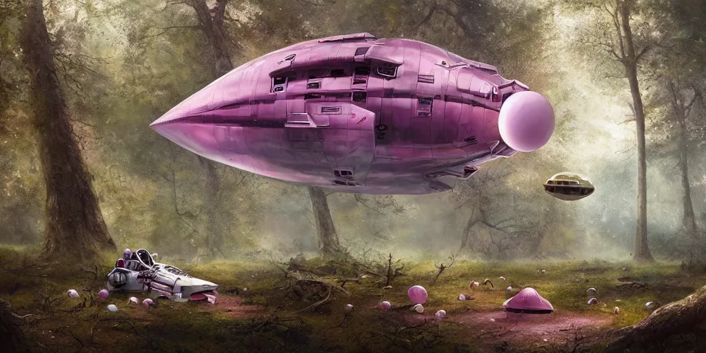 Image similar to an astronaut and a pink space ship in a forest, a detailed matte painting by frieke janssens, featured on cgsociety, space art, matte painting, matte drawing