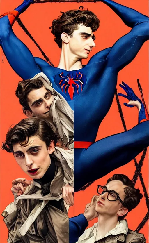 Image similar to Timothee Chalamet is Peter parker spiderman, +++ super super super dynamic posing, j.c. leyendecker, Valentina Remenar, thick eyebrows, super serious facial expression, upscaled