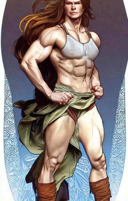 Image similar to pretty muscular sam winchester as a character in romance book art design, character concept, sharp focus!, ultra detailed, art by artgerm alphonse mucha, wlop