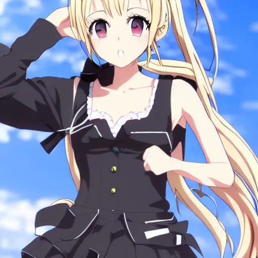 Image similar to key anime visual of a tsundere with blonde hair and twintails; official media