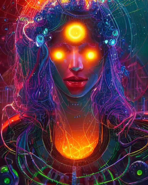 Image similar to a cyberpunk close up portrait of cyborg medusa, electricity, rainbow, snakes in hair, sparks, bokeh, soft focus, sparkling, glisten, water drops, cold, dark, geometric, temples behind her, by paul lehr, jesper ejsing