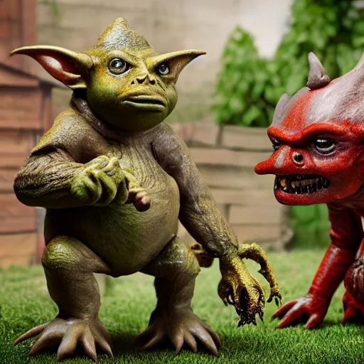 Image similar to autochrome photo of vintage disgusting brown Boglins, plastic goblin monster toys in a backyard garden, kaiju, oni, realistic, octane render