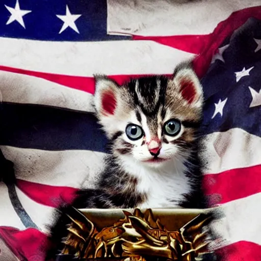 Prompt: burning kitten sitting on thrones of swords, lightning striking around, american flag in background