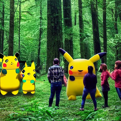 Image similar to photograph of a group of people worshipping a giant pikachu in a forest