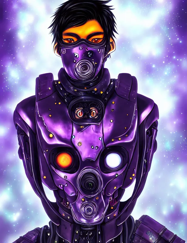 Prompt: a detailed manga portrait of a black haired man with a cybernetic body and face mask with purple fiery streaks, trending on artstation, digital art, 4 k resolution, detailed, high quality, sharp focus, hq artwork, coherent, insane detail, character portrait