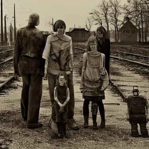 Image similar to the most creepy family photo of robots, 200mm lens, post apocalyptic, sadness, depression, screaming, crying, auschwitz camp