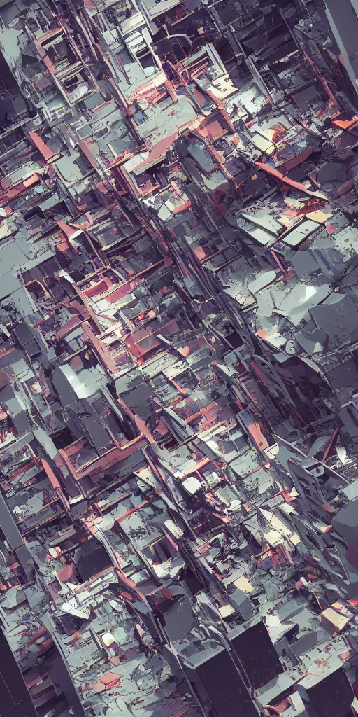 Image similar to Evangelion unit 01 pallete , zoom shot, telephoto lens, low aperture street level, buildings collapsed ,hyper-realistic, your name sky, evening, octane rendering , inspired by Katsuhiro Otomo, pixelactivist