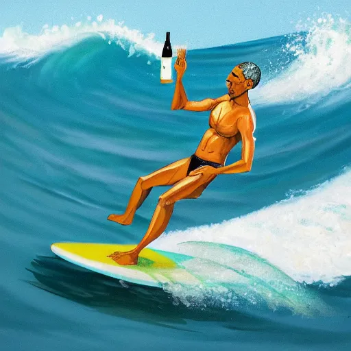 Image similar to obama surfing in rough surf holding a margarita, sharp focus, intricate details, highly detailed, realistic