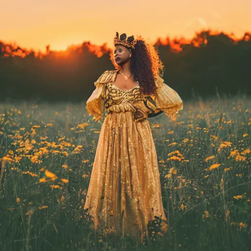 Image similar to brown skin goddess, with gold crown,curly light brown hair gold fairytale dress , standing in a field of flowers, sunset, realistic, 4k,