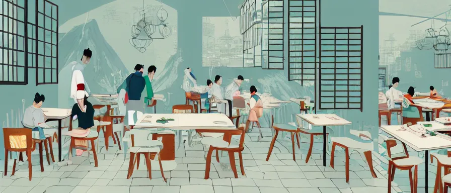 Image similar to a beautiful interior view illustration of a small roasted string hotpot restaurant in yan'an city, wall corner, restaurant wall paper is tower amd mountain, rectangle white porcelain table, people are eating, black chair, animation illustrative style, from china, simple style structure decoration design, victo ngai, james jean, 4 k hd