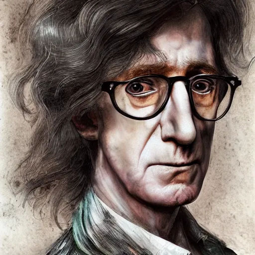 Image similar to portrait of woody allen, headshot, insanely nice hair style, dramatic hair color, digital painting, of a old 17th century, old cyborg merchant, amber jewels, baroque, ornate clothing, scifi, realistic, hyperdetailed, chiaroscuro, concept art, art by Franz Hals and Jon Foster and Ayami Kojima and Amano and Karol Bak,