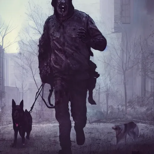 Image similar to dogwalker with german shepherd as angry zombie in a city park, full body portrait, horror core, apocalyptic, sharp focus, fiction, hyper detailed, digital art, trending in artstation, cinematic lighting, studio quality, smooth render, unreal engine 5 rendered, octane rendered, art style and nixeu and wlop and krenz cushart