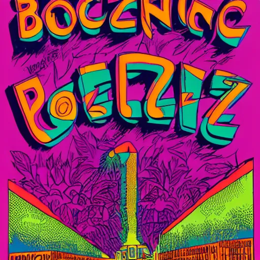 Image similar to Fillmore concert poster for The Bozone by Victor Moscoso and Rick Griffin, psychedelic, day-glo colors, flowing lettering